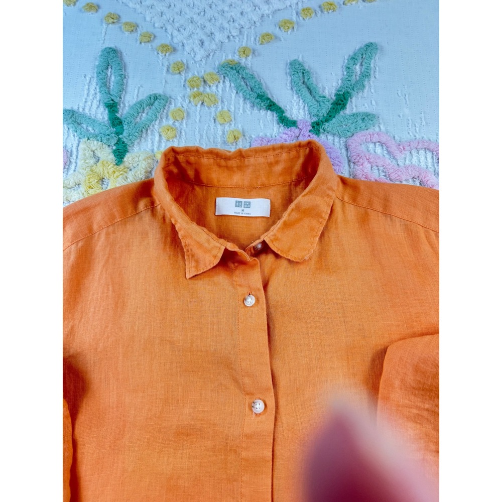 UNIQLO Linen Orange Button Up Shirt Long Sleeve Collared Top Size‎ M - Picture 5 of 9